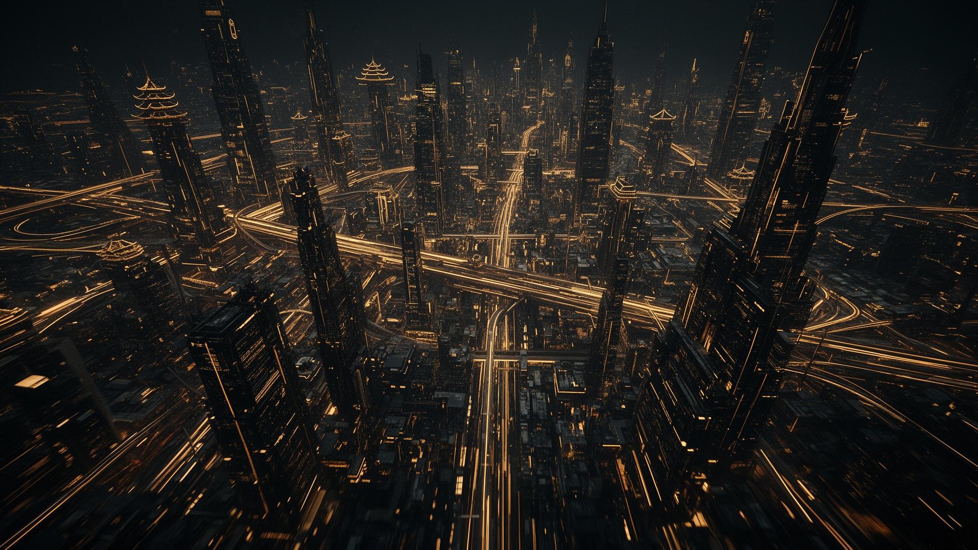 Aerial view of futuristic Asian megacity at night with gold light trails